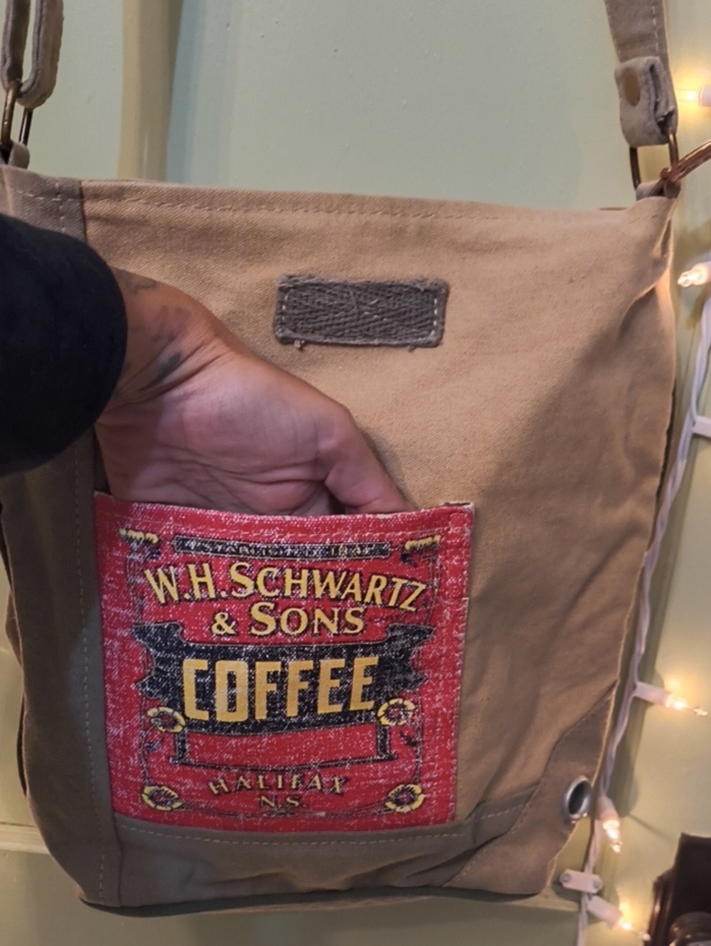 Women's W.H. Schwartz & Sons Coffee Tan Red Canvas Crossbody Bag Purse - Picture 6 of 16